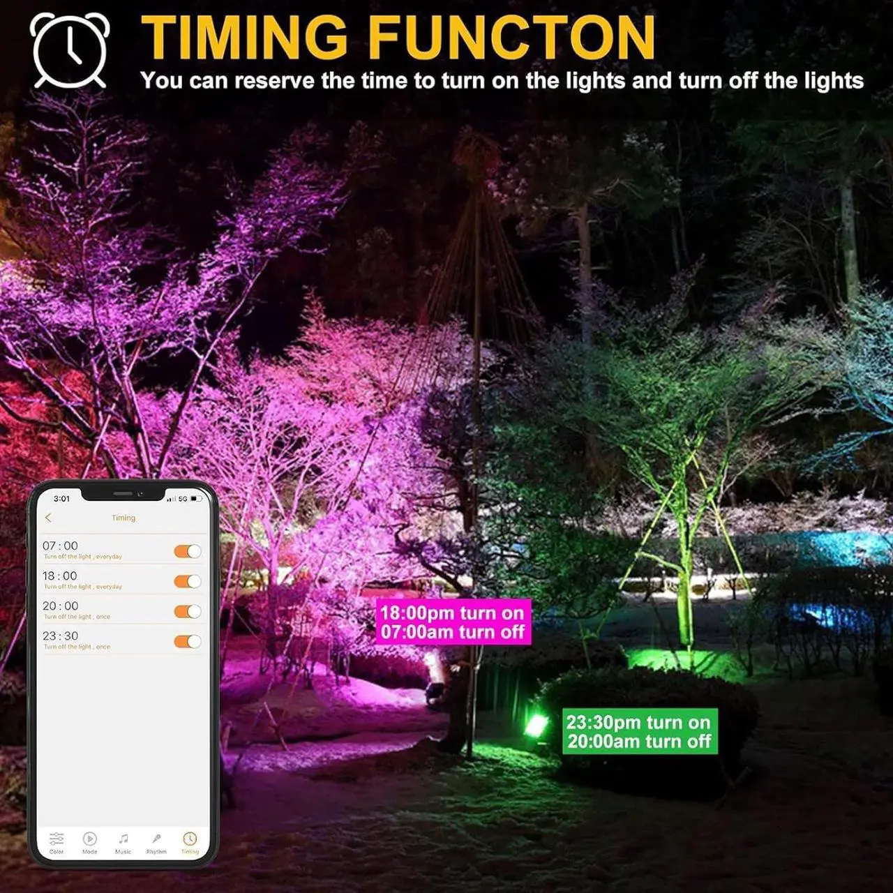 Alt view image 5 of 7 - LED Flood Lights RGB Color Changing 500W Equivalent, Outdoor RGBW Bluetooth Smart Floodlights APP Control,IP66 Waterproof, Timing, 2700K&16 Million Colors 23 Modes for Stage Landscape Lighting 2 Pack