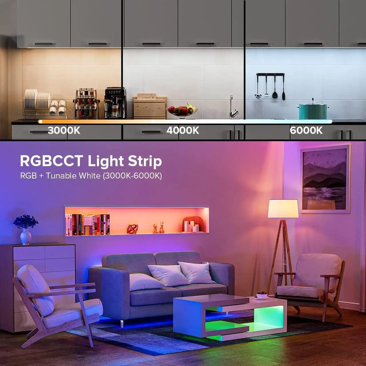 Alt view image 2 of 7 - FCOB COB LED Strip RGBCCT Color Changing 16.4FT 960LED/m Flexible High Density Light RGB+CCT Tunable 3000K-6000K DC24V 12mm Width for Indoor Decor(No Adapter or Controller)