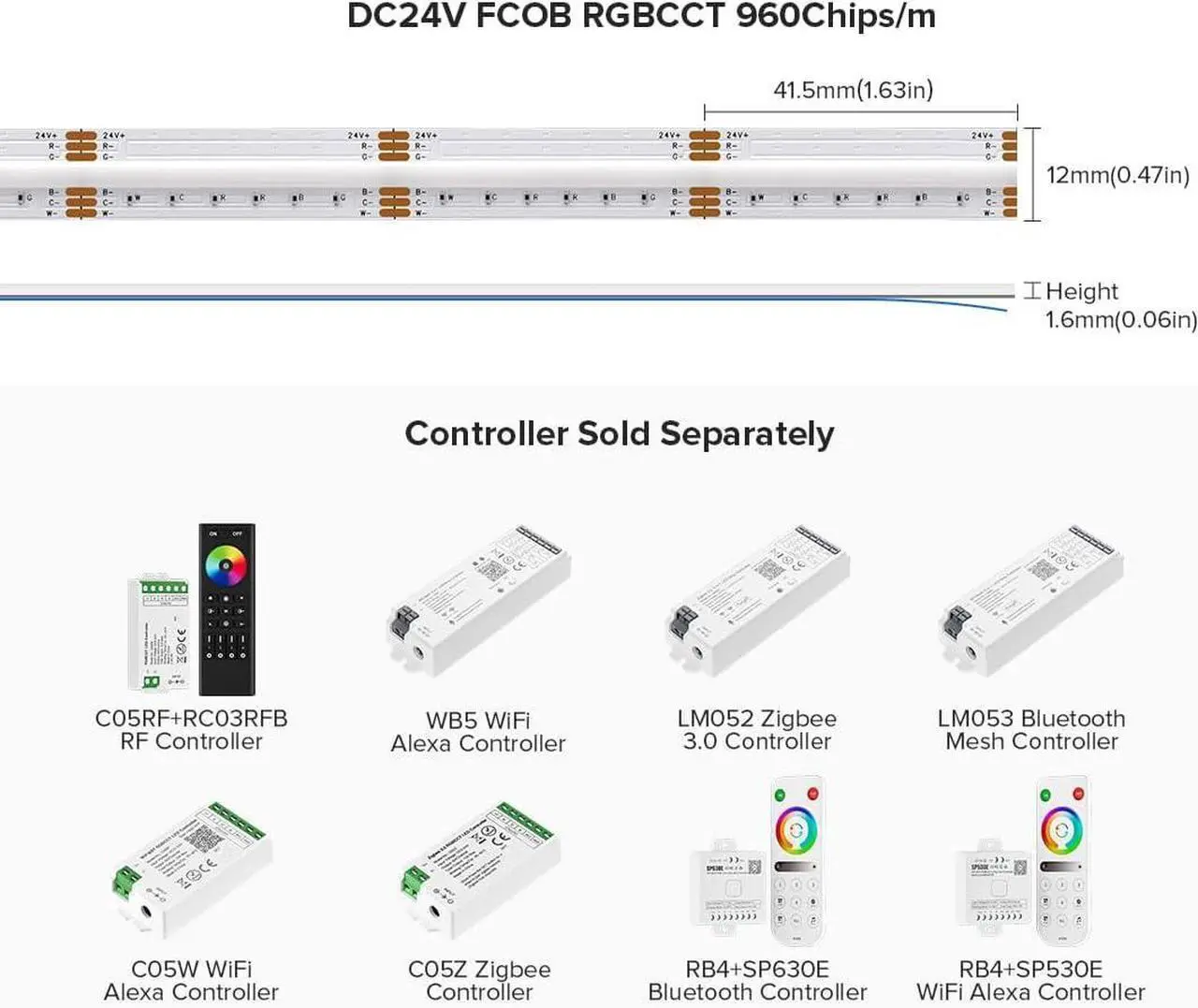 Alt view image 4 of 7 - FCOB COB LED Strip RGBCCT Color Changing 16.4FT 960LED/m Flexible High Density Light RGB+CCT Tunable 3000K-6000K DC24V 12mm Width for Indoor Decor(No Adapter or Controller)