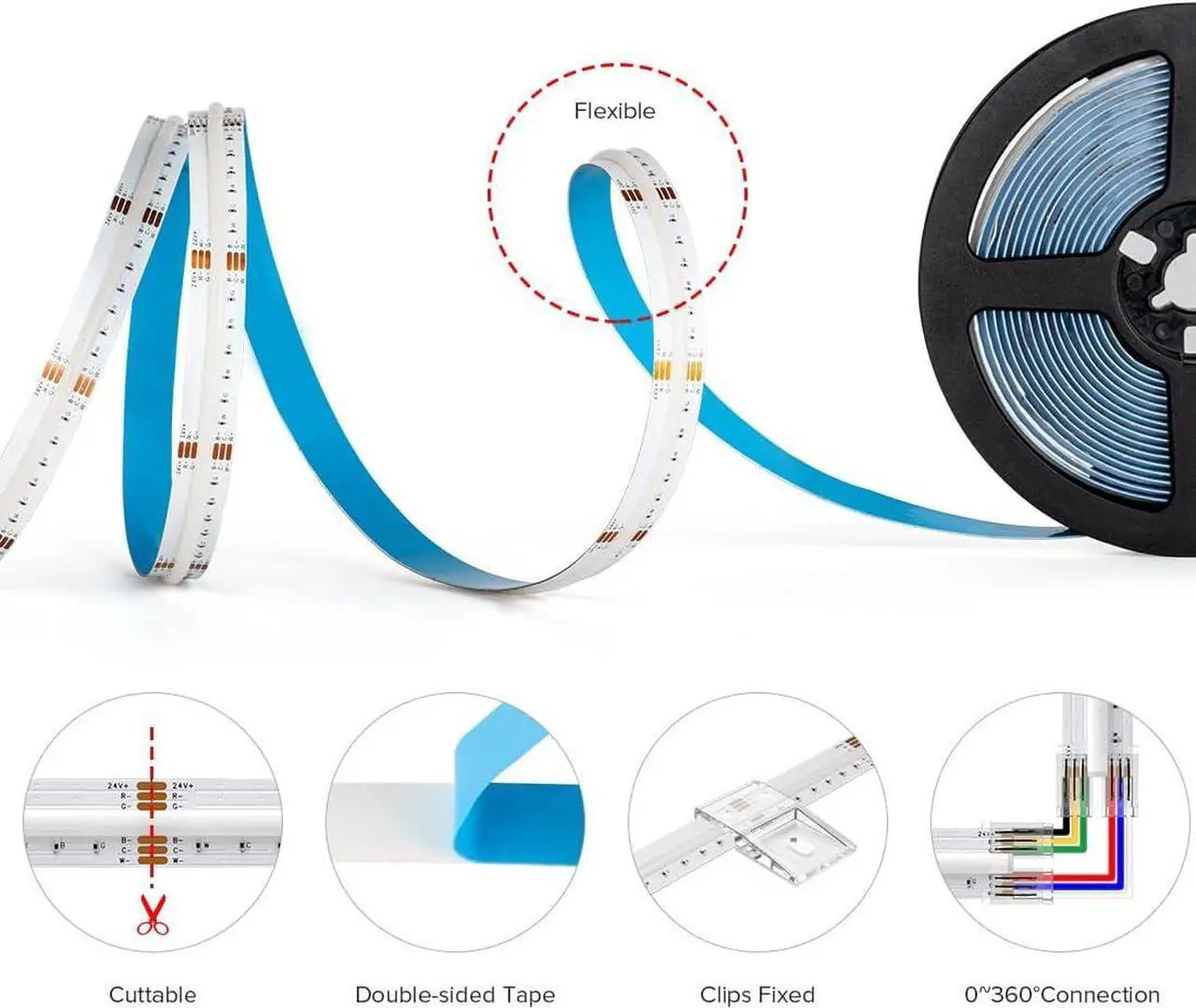 Alt view image 5 of 7 - FCOB COB LED Strip RGBCCT Color Changing 16.4FT 960LED/m Flexible High Density Light RGB+CCT Tunable 3000K-6000K DC24V 12mm Width for Indoor Decor(No Adapter or Controller)