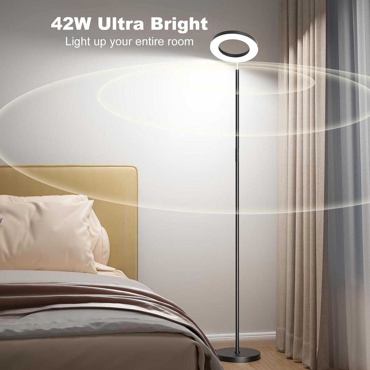 Alt view image 2 of 7 - 42W Bright RGB Floor Lamp, Dual-Sided LED Standing Lamp with Remote, Stepless Dimmable, Modern Color Changing Torchiere Tall Lamps for Living Room Bedroom Office Gaming Party