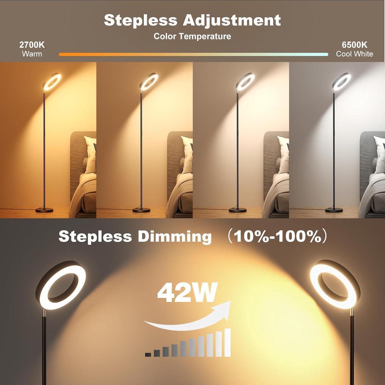 Alt view image 4 of 7 - 42W Bright RGB Floor Lamp, Dual-Sided LED Standing Lamp with Remote, Stepless Dimmable, Modern Color Changing Torchiere Tall Lamps for Living Room Bedroom Office Gaming Party