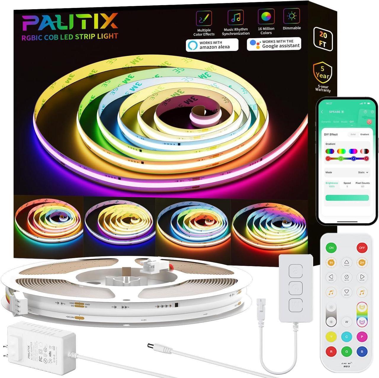 Main image of RGB Smart IC COB LED Strip Lights,Work with Alexa/Google Assistant,20ft/6.1m Addressable UL-Listed 24V Chasing Color Flexible Tape Light Multicolor,for Cabinet,TV,Bedroom,Party DIY Decoration