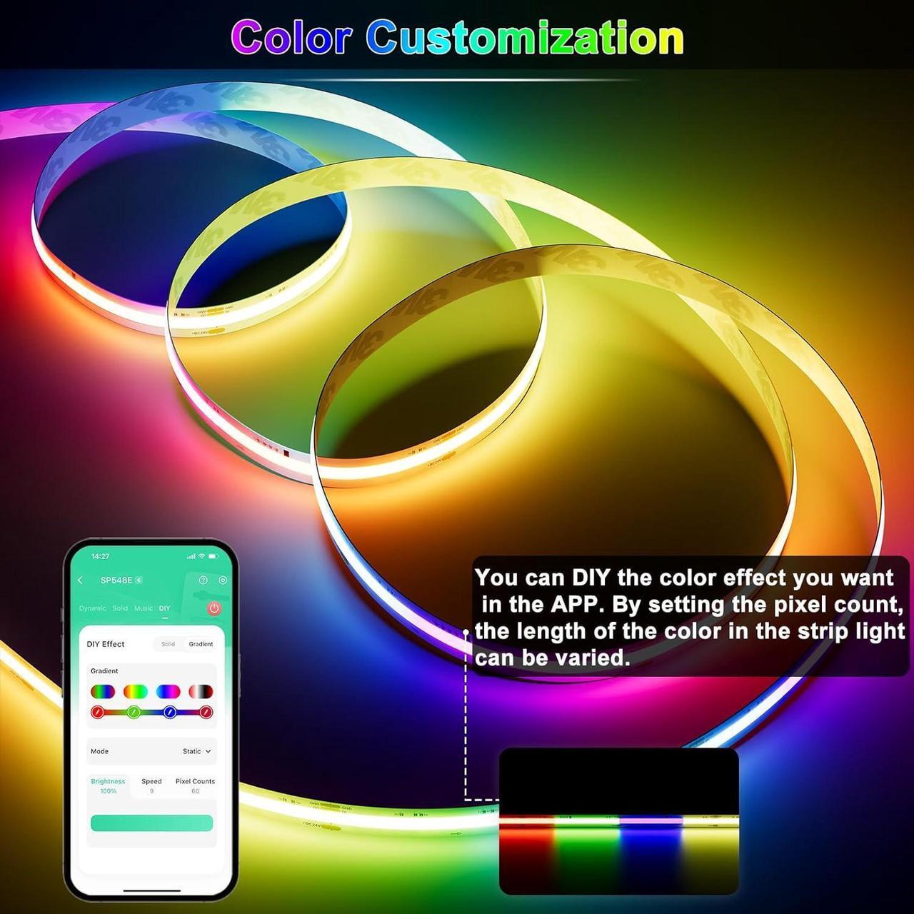 Alt view image 5 of 7 - RGB Smart IC COB LED Strip Lights,Work with Alexa/Google Assistant,20ft/6.1m Addressable UL-Listed 24V Chasing Color Flexible Tape Light Multicolor,for Cabinet,TV,Bedroom,Party DIY Decoration