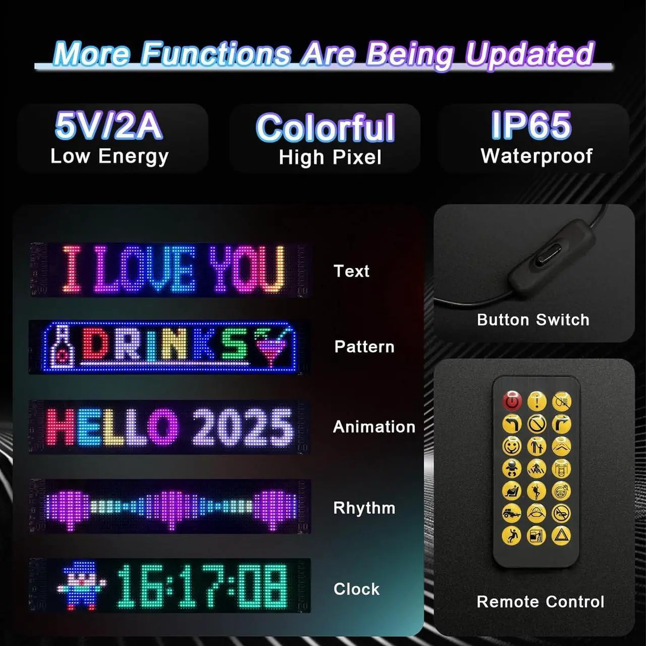 Alt view image 4 of 7 - Super RGB Programmable LED Sign, 23"x5" Scrolling Big Flexible LED Matrix Panel, Smart APP Control Custom Text Pattern Animation, LED Digital Display Eye LED Sceen Lights for Car Window Store Decor