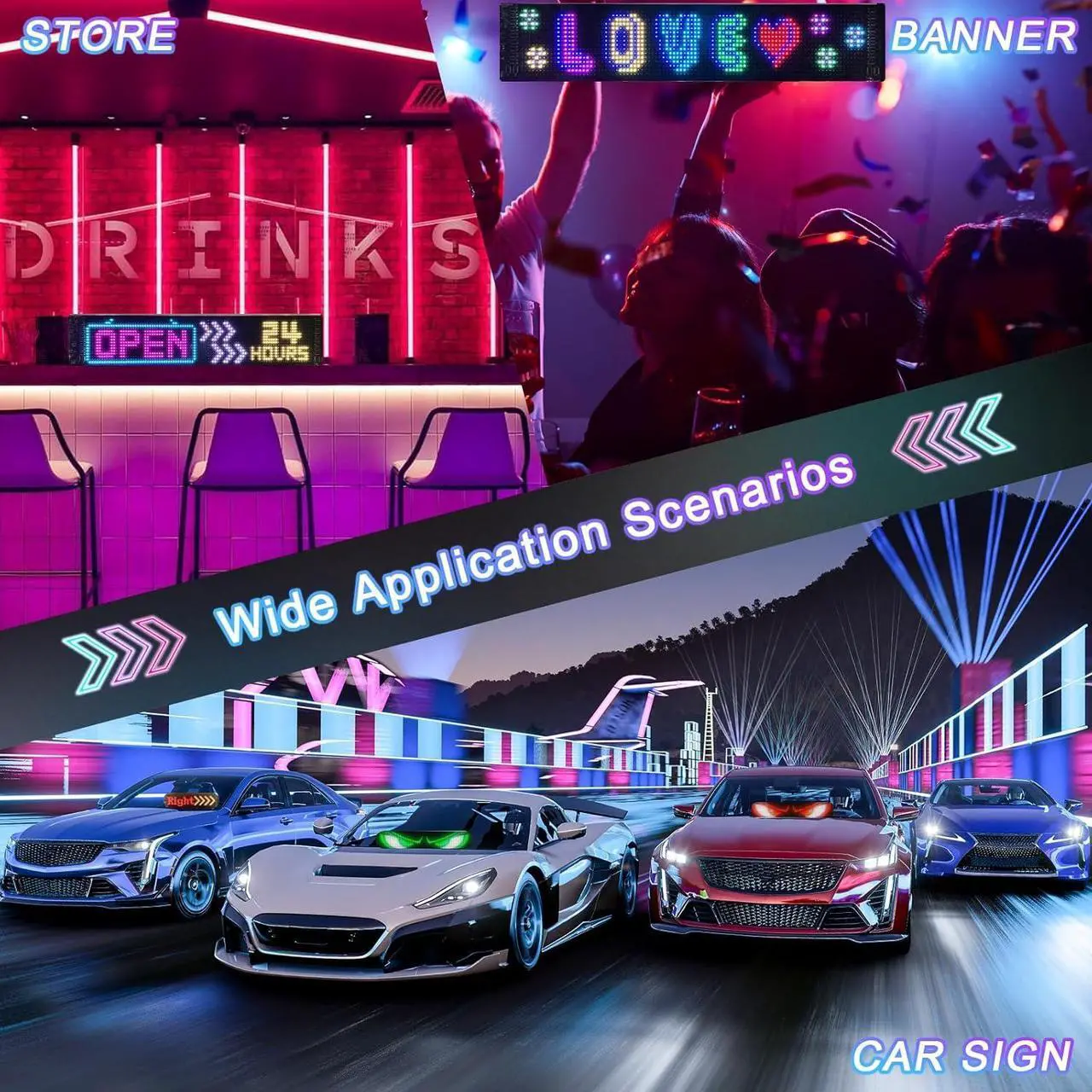 Alt view image 6 of 7 - Super RGB Programmable LED Sign, 23"x5" Scrolling Big Flexible LED Matrix Panel, Smart APP Control Custom Text Pattern Animation, LED Digital Display Eye LED Sceen Lights for Car Window Store Decor