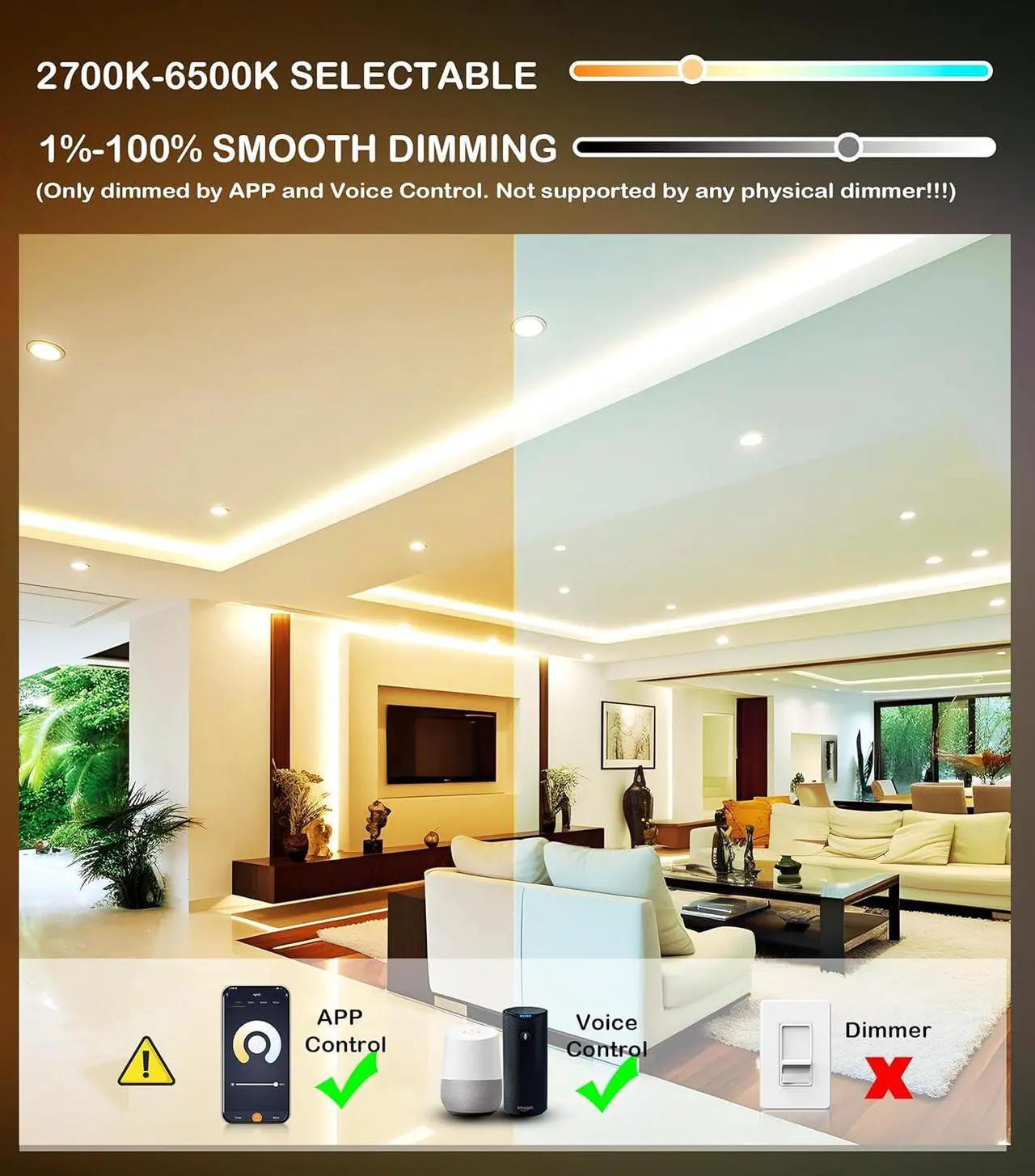 Alt view image 4 of 7 - [6 Pack] 6inch Smart WiFi LED Recessed Lights,RGBCW Color Changing Recessed Lighting,Compatible with Alexa and Google Home Assistant,No Hub Required,15W 2700K-6500K,CRI90+ Wet Location