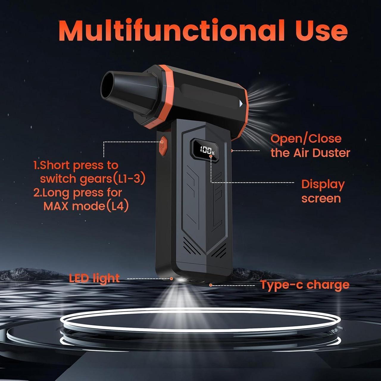 Alt view image 5 of 7 - Compressed Air Duster, 350,000RPM Jet Dry Blower with LED Display and Light, 4-Gear Adjustable Mini Air Broom,Turbo Fan for Keyboard, PC, Car and Home,Electric Air Duster Replace Compressed Air Can