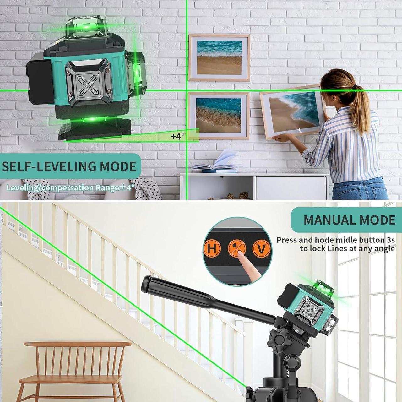 Alt view image 3 of 7 - 16 Lines Laser Level Self Leveling, 4x360° 4D Green Cross Line Lazer Level Tool with 2 Rechargable Batteries,Two 360° Vertical and Two 360° Horizontal Laser Dimmable brightness & Remote Controller