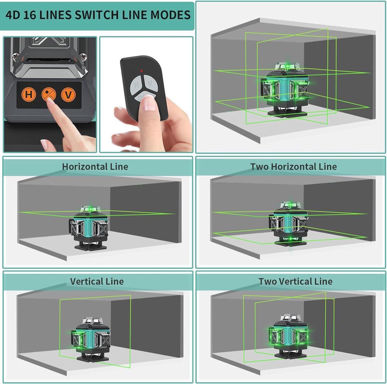Alt view image 4 of 7 - 16 Lines Laser Level Self Leveling, 4x360° 4D Green Cross Line Lazer Level Tool with 2 Rechargable Batteries,Two 360° Vertical and Two 360° Horizontal Laser Dimmable brightness & Remote Controller