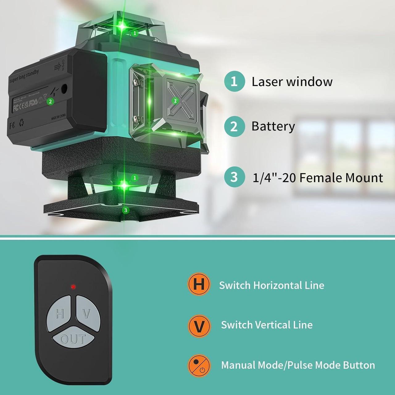 Alt view image 5 of 7 - 16 Lines Laser Level Self Leveling, 4x360° 4D Green Cross Line Lazer Level Tool with 2 Rechargable Batteries,Two 360° Vertical and Two 360° Horizontal Laser Dimmable brightness & Remote Controller