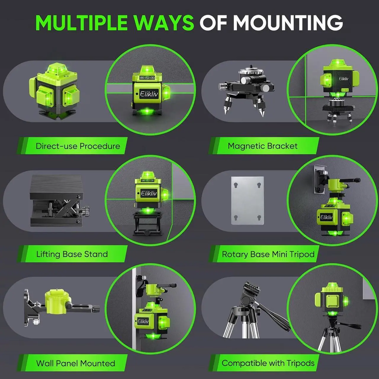 Alt view image 5 of 7 - Laser Level Self Leveling -Elikliv 200ft Outdoor Robust Indoors 4D Green Cross Line Laser Level 4x360 Horizontal Vertical Dual-beam Lasers for DIY or Professional Job Site Integrated Bracket Included