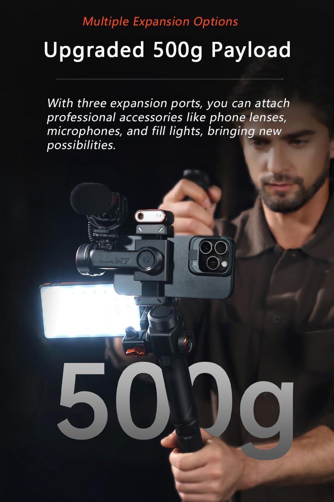 Alt view image 5 of 7 - M7 Gimbal Stabilizer for Smartphone, Magnetic AI Tracker Fill Light, Detachable Touchscreen Remote Controller, Built-in Extension Rod, 500g Payload Gimbal Stabilizer for iPhone Android