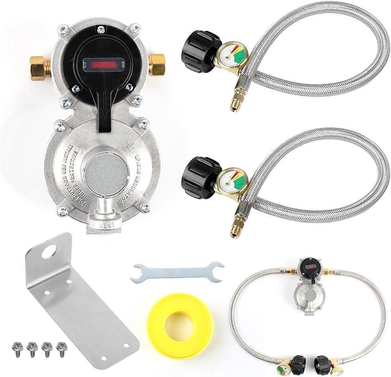 Main image of RV Propane Regulator 2 Tank-2-Stage Auto Changeover LP Propane Regulator for RV Includes Gauge and 2X 18 Pigtail Propane Hoses,Ideal for Trailers and Camper RVs (Silver)