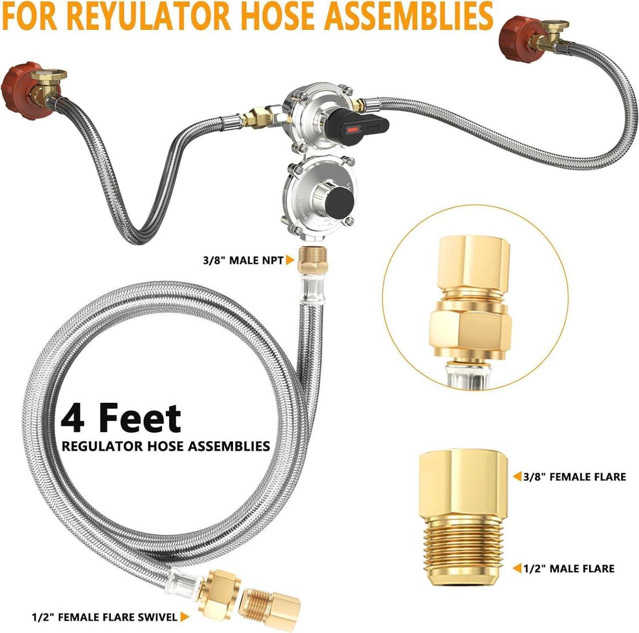 Alt view image 2 of 7 - 2-Stage Auto Changeover LP Propane Gas Regulator with 48'Stainless Braided Regulator Hose Assemblies and Two 18"RV Pigtail Propane Hoses with Gauge Dual Propane Tank Regulator for RVs, Trailers,Campe