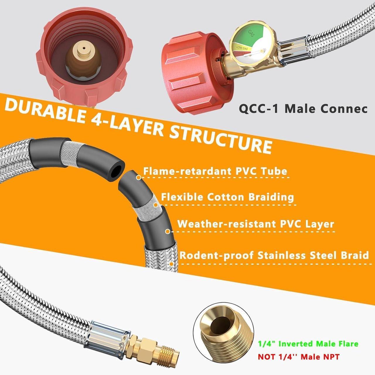Alt view image 6 of 7 - 2-Stage Auto Changeover LP Propane Gas Regulator with 48'Stainless Braided Regulator Hose Assemblies and Two 18"RV Pigtail Propane Hoses with Gauge Dual Propane Tank Regulator for RVs, Trailers,Campe