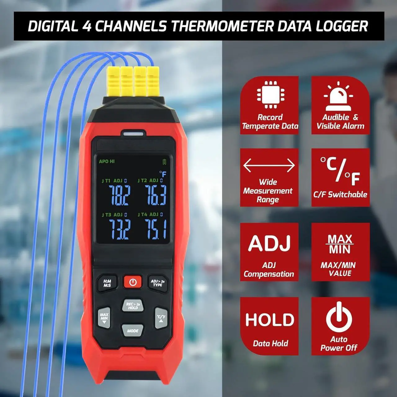 Alt view image 2 of 7 - Thermometer Data Logger 4 Channels Digital K Type Thermometer with 5000 Groups Programmable Temperature Recording -328~2501 Measuring Range, Audible & Visible Alarm ADJ Compensation