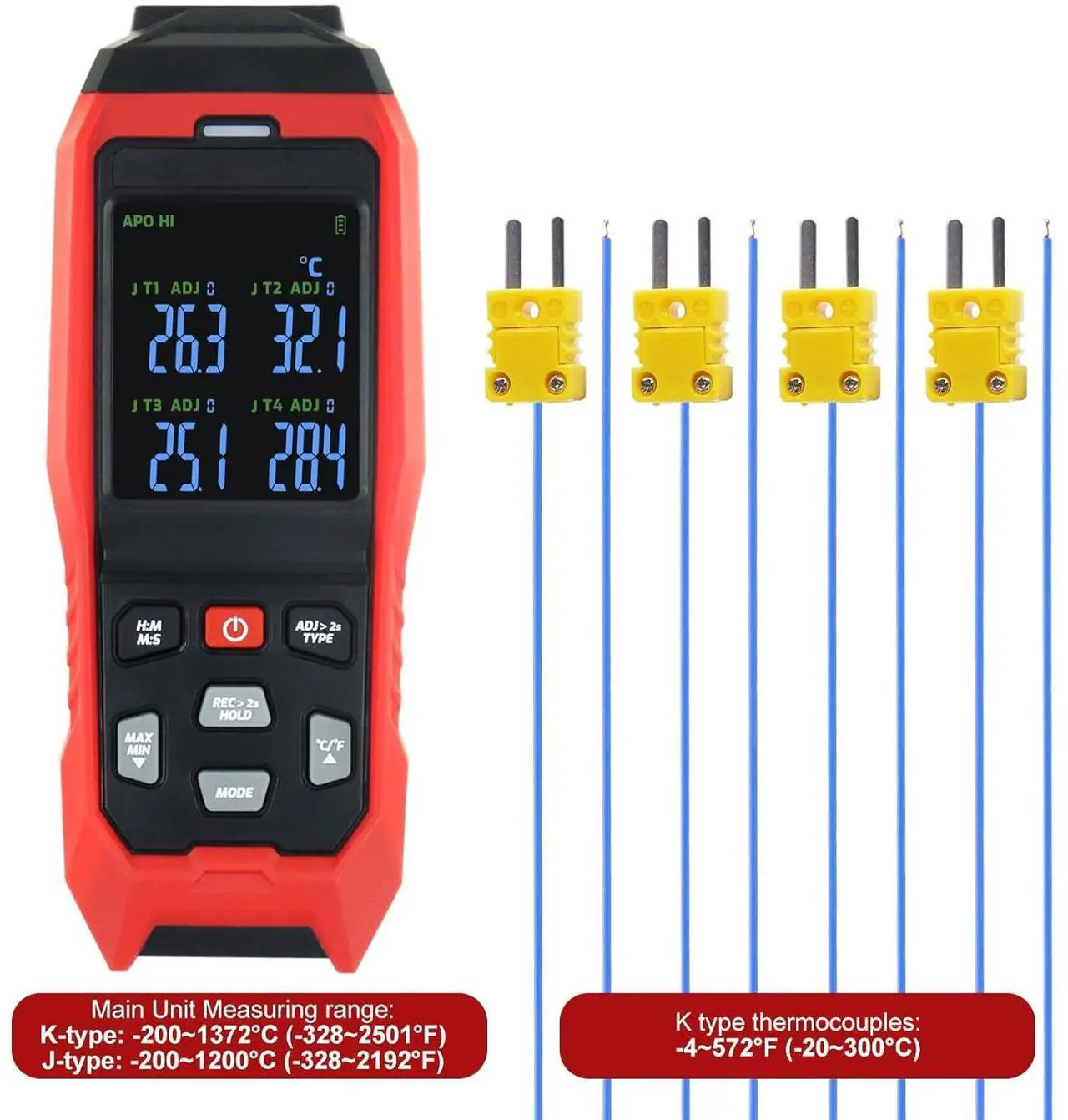 Alt view image 5 of 7 - Thermometer Data Logger 4 Channels Digital K Type Thermometer with 5000 Groups Programmable Temperature Recording -328~2501 Measuring Range, Audible & Visible Alarm ADJ Compensation