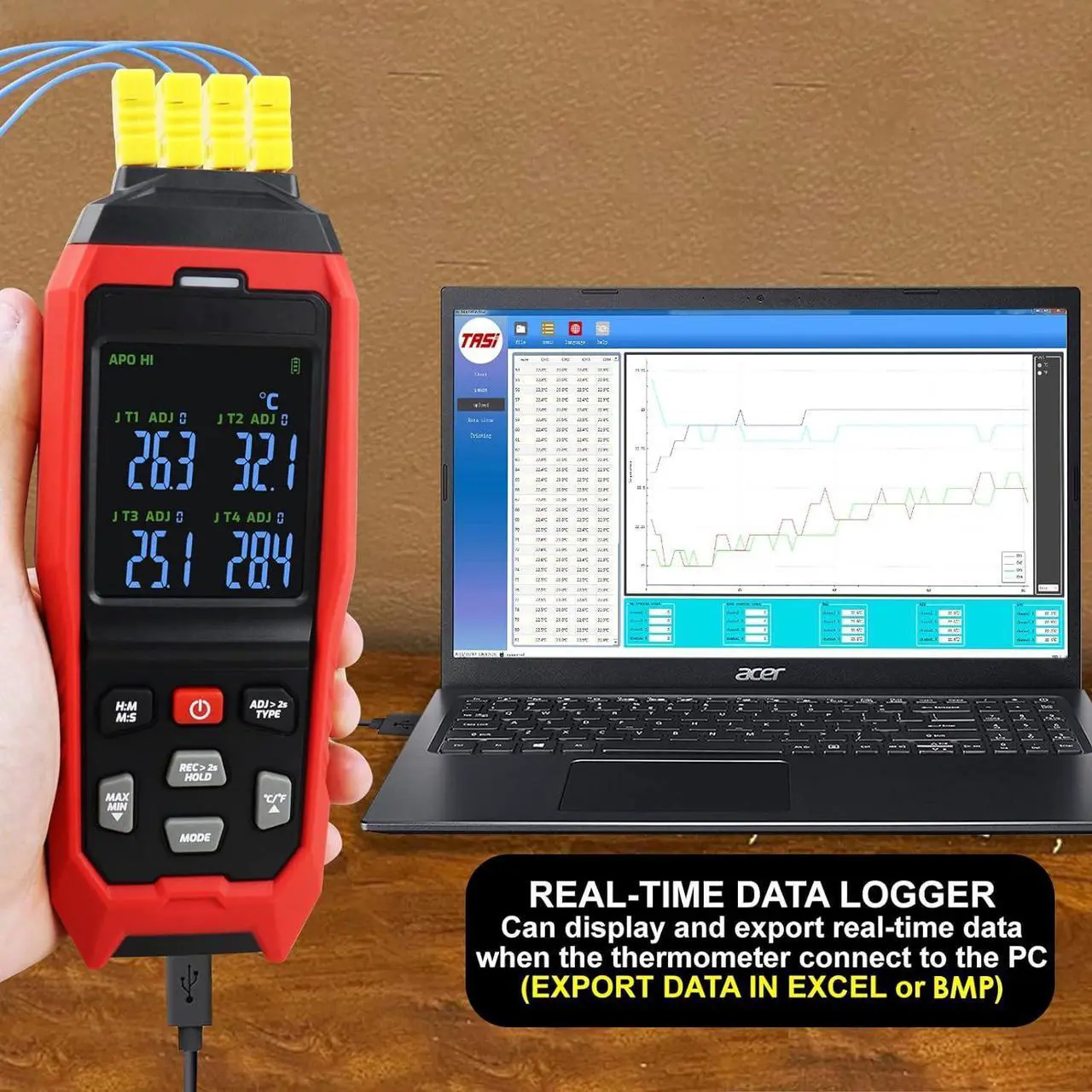 Alt view image 3 of 7 - Thermometer Data Logger 4 Channels Digital K Type Thermometer with 5000 Groups Programmable Temperature Recording -328~2501 Measuring Range, Audible & Visible Alarm ADJ Compensation