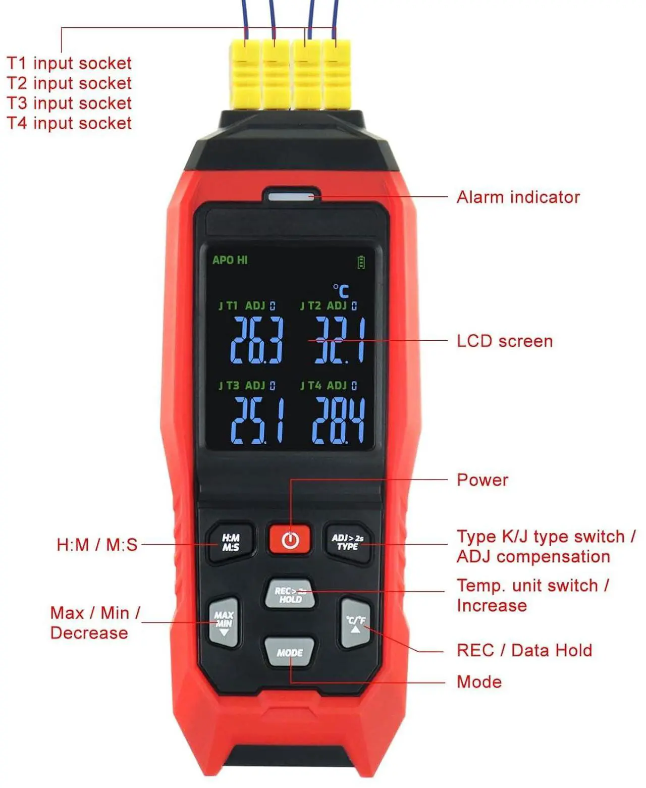 Alt view image 7 of 7 - Thermometer Data Logger 4 Channels Digital K Type Thermometer with 5000 Groups Programmable Temperature Recording -328~2501 Measuring Range, Audible & Visible Alarm ADJ Compensation