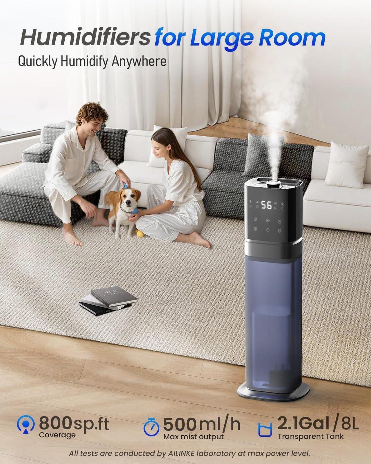 Alt view image 2 of 6 - Humidifier Large Room, 2.1Gal/8L Humidifiers for Bedroom with Extended Tube, Large Humidifiers for Home 1000 sq.ft. Cool Mist Humidifier with Night Light, School/Office/Warehouse
