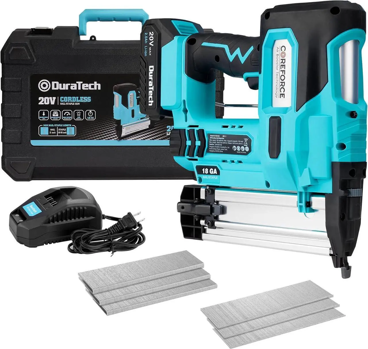 Main image of 20V Cordless Brad Nailer, 18 Gauge, 2-in-1 Nail/Staple Gun for Upholstery, Carpentry, Including 2.0Ah Rechargeable Battery, 1H Quick Charger, 1000 Staples, 1000 Nails and Carrying Case