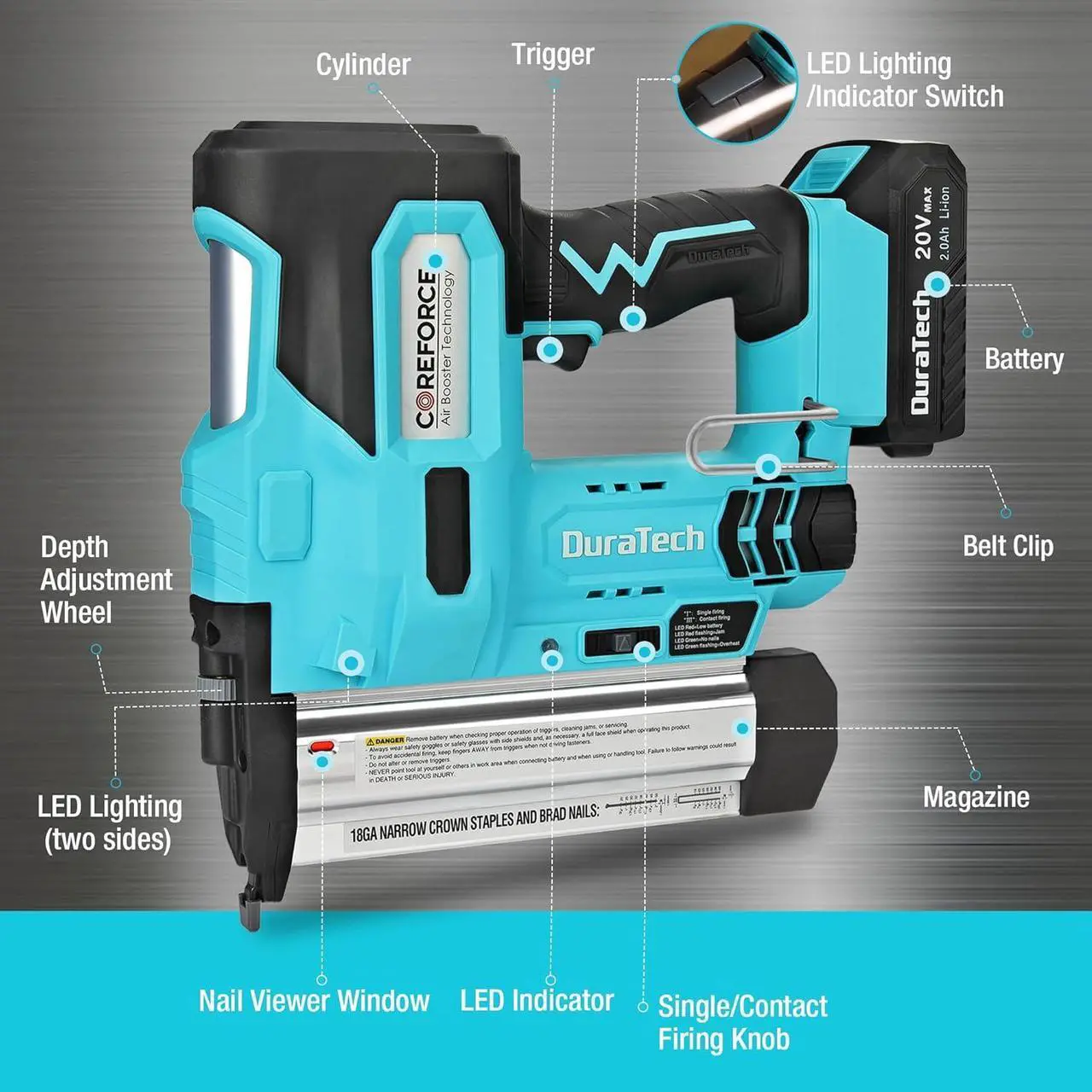 Alt view image 2 of 7 - 20V Cordless Brad Nailer, 18 Gauge, 2-in-1 Nail/Staple Gun for Upholstery, Carpentry, Including 2.0Ah Rechargeable Battery, 1H Quick Charger, 1000 Staples, 1000 Nails and Carrying Case