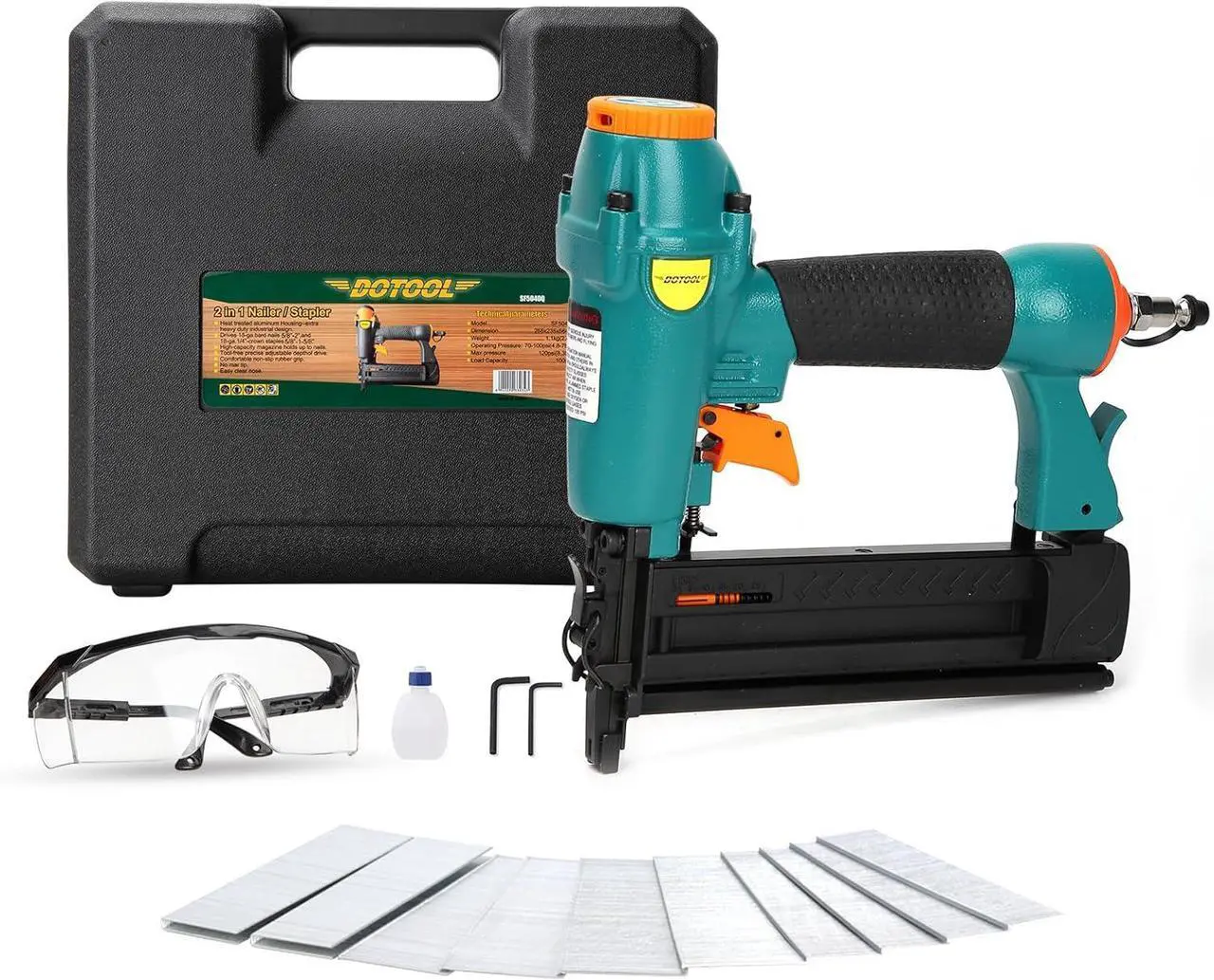 Main image of Pneumatic Brad Nailer, 18 Gauge 2-in-1 Nail, 5/8'' to 2'' Brad Nails and 5/8'' to 1-5/8'' Crown Staples, Safety Glasses and and 1000pcs Nails,for Carpentry, DIY,Woodworking