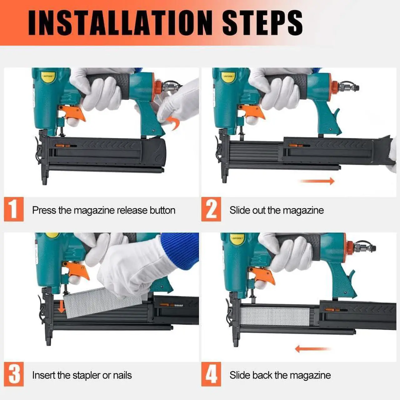 Alt view image 4 of 7 - Pneumatic Brad Nailer, 18 Gauge 2-in-1 Nail, 5/8'' to 2'' Brad Nails and 5/8'' to 1-5/8'' Crown Staples, Safety Glasses and and 1000pcs Nails,for Carpentry, DIY,Woodworking