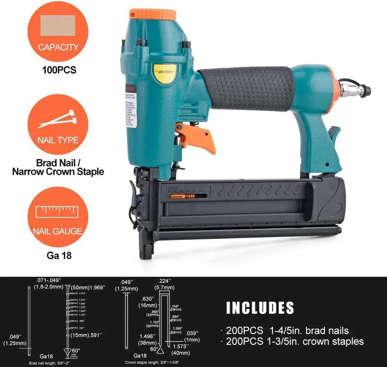 Alt view image 3 of 7 - Pneumatic Brad Nailer, 18 Gauge 2-in-1 Nail, 5/8'' to 2'' Brad Nails and 5/8'' to 1-5/8'' Crown Staples, Safety Glasses and and 1000pcs Nails,for Carpentry, DIY,Woodworking