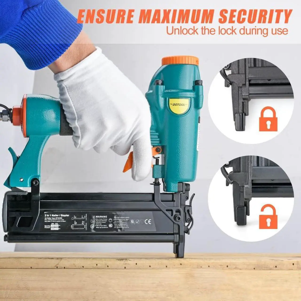 Alt view image 6 of 7 - Pneumatic Brad Nailer, 18 Gauge 2-in-1 Nail, 5/8'' to 2'' Brad Nails and 5/8'' to 1-5/8'' Crown Staples, Safety Glasses and and 1000pcs Nails,for Carpentry, DIY,Woodworking