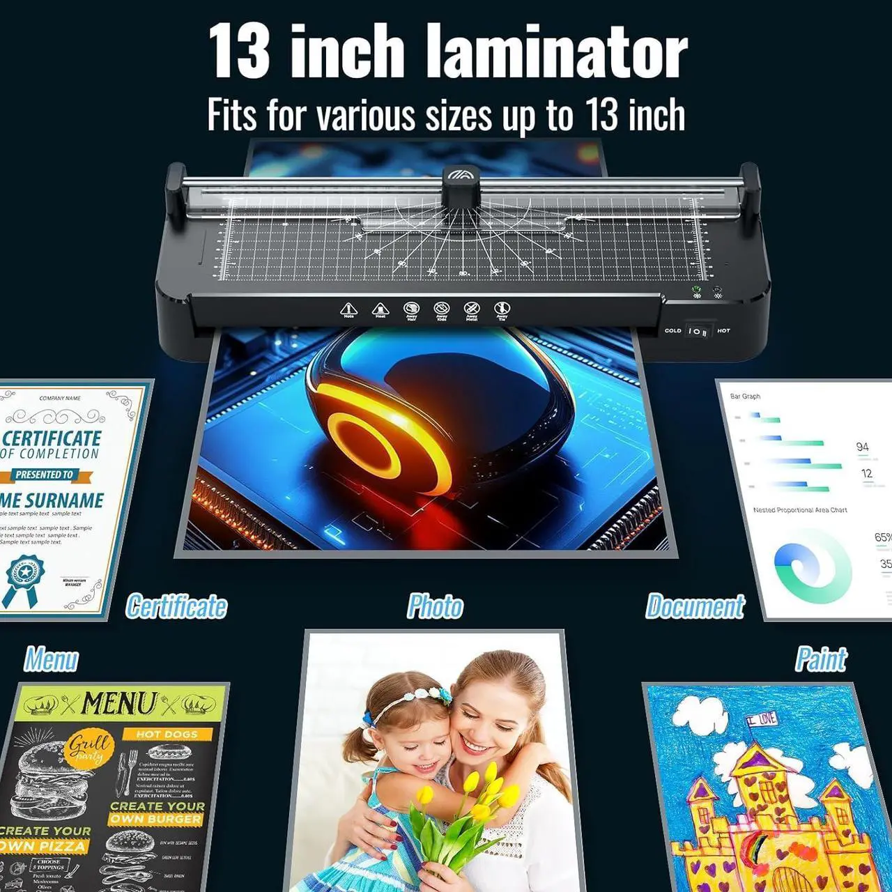 Alt view image 7 of 7 - Laminator 13 Inch Wide with Laminating Sheets 50pcs, Hot and Cold Laminator Machine with Paper Trimmer, Thermal Laminator 11x17 for A3 A4 A5 A6 with Corner Rounder for Home Office School Use