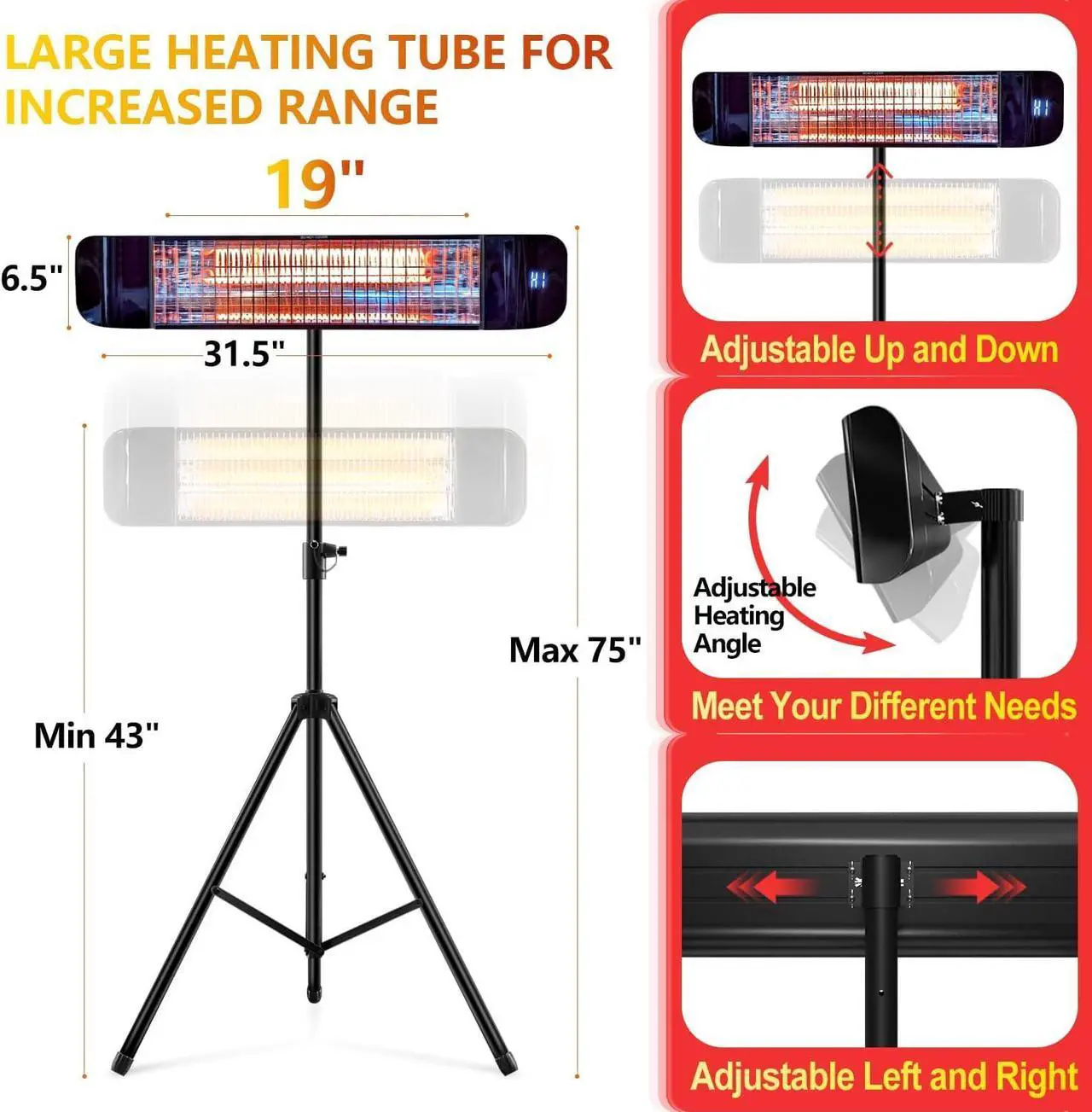 Alt view image 3 of 6 - Electric Outdoor Heater, Infrared Patio Heater for Outdoor/Indoor Use, Wall Mounted/Ceiling/Tripod Infrared Heater Outdoor, 1500W Electric Patio Heater, CSA certificate.