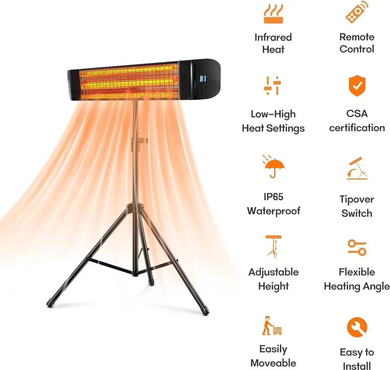 Alt view image 6 of 6 - Electric Outdoor Heater, Infrared Patio Heater for Outdoor/Indoor Use, Wall Mounted/Ceiling/Tripod Infrared Heater Outdoor, 1500W Electric Patio Heater, CSA certificate.