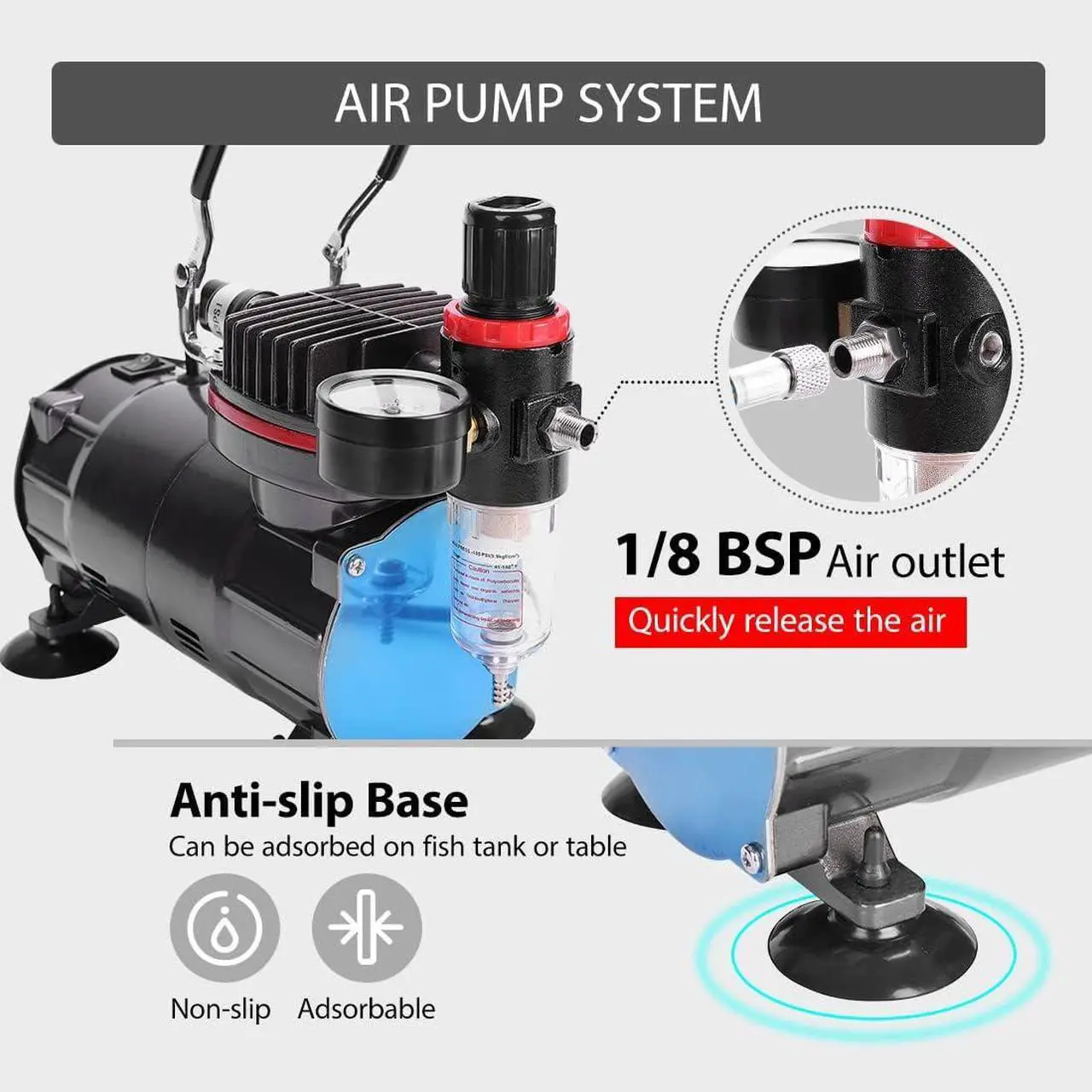 Alt view image 2 of 7 - Airbrush Kit with 1/5 HP Air Compressor and 3 Dual Action Professional Airbrush Gun, Gravity and Siphon Feed, Quiet Air Brush Paint Set with Holder, Color Wheel, Cleaning Brush, 2 Cup