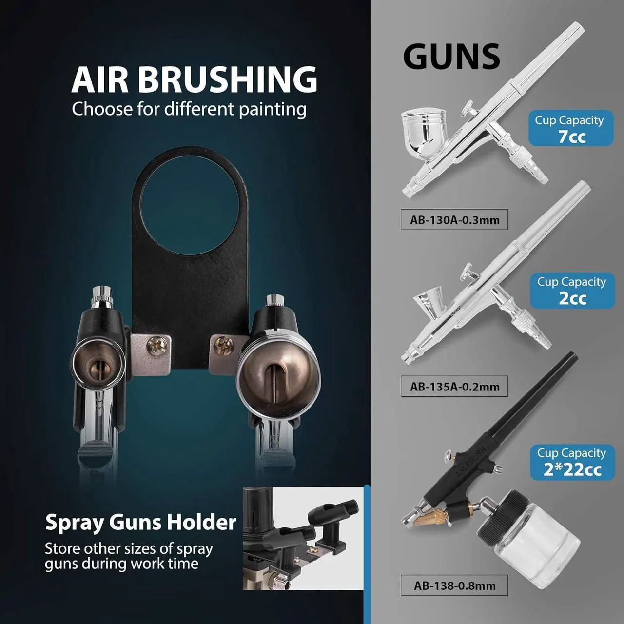 Alt view image 4 of 7 - Airbrush Kit with 1/5 HP Air Compressor and 3 Dual Action Professional Airbrush Gun, Gravity and Siphon Feed, Quiet Air Brush Paint Set with Holder, Color Wheel, Cleaning Brush, 2 Cup