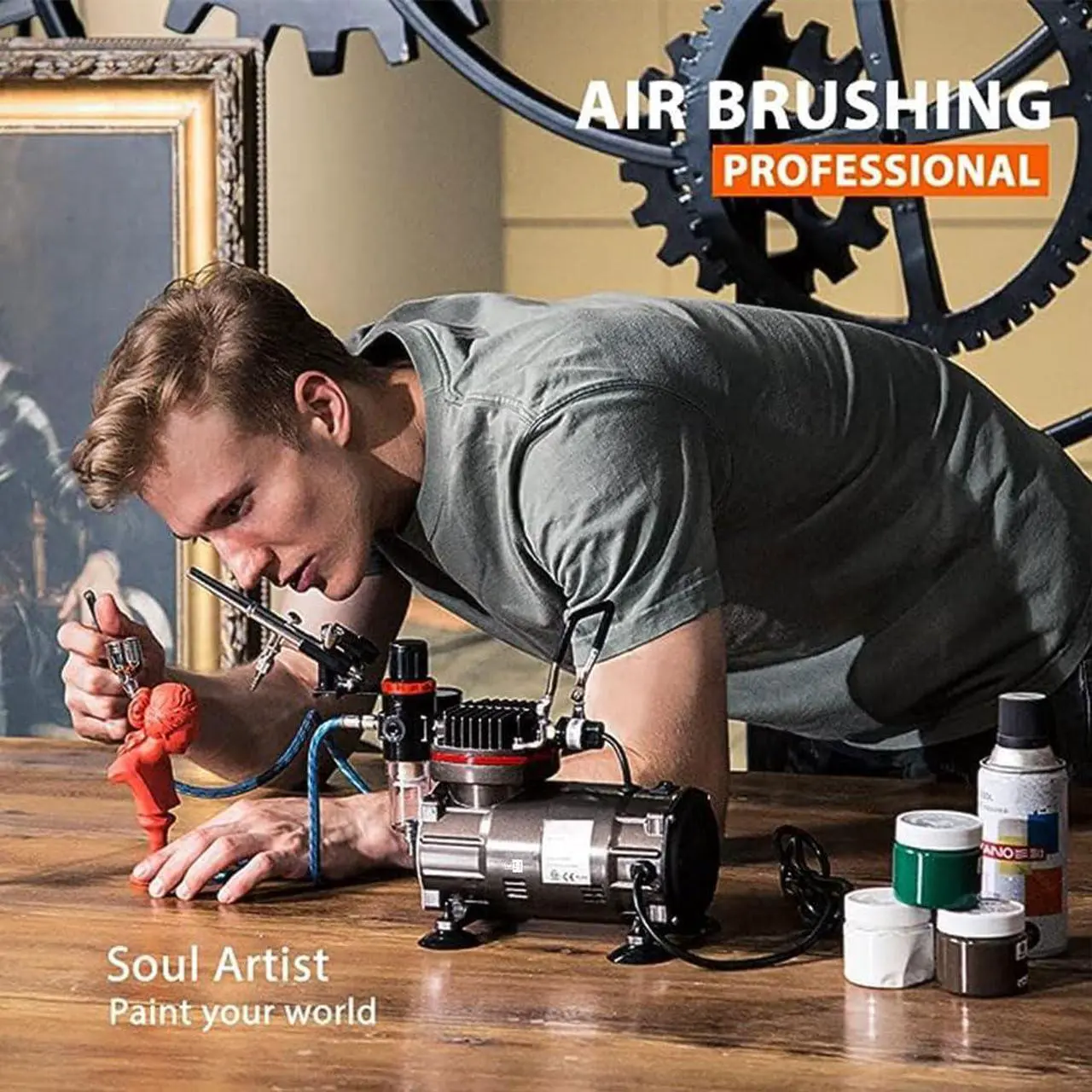 Alt view image 6 of 7 - Airbrush Kit with 1/5 HP Air Compressor and 3 Dual Action Professional Airbrush Gun, Gravity and Siphon Feed, Quiet Air Brush Paint Set with Holder, Color Wheel, Cleaning Brush, 2 Cup