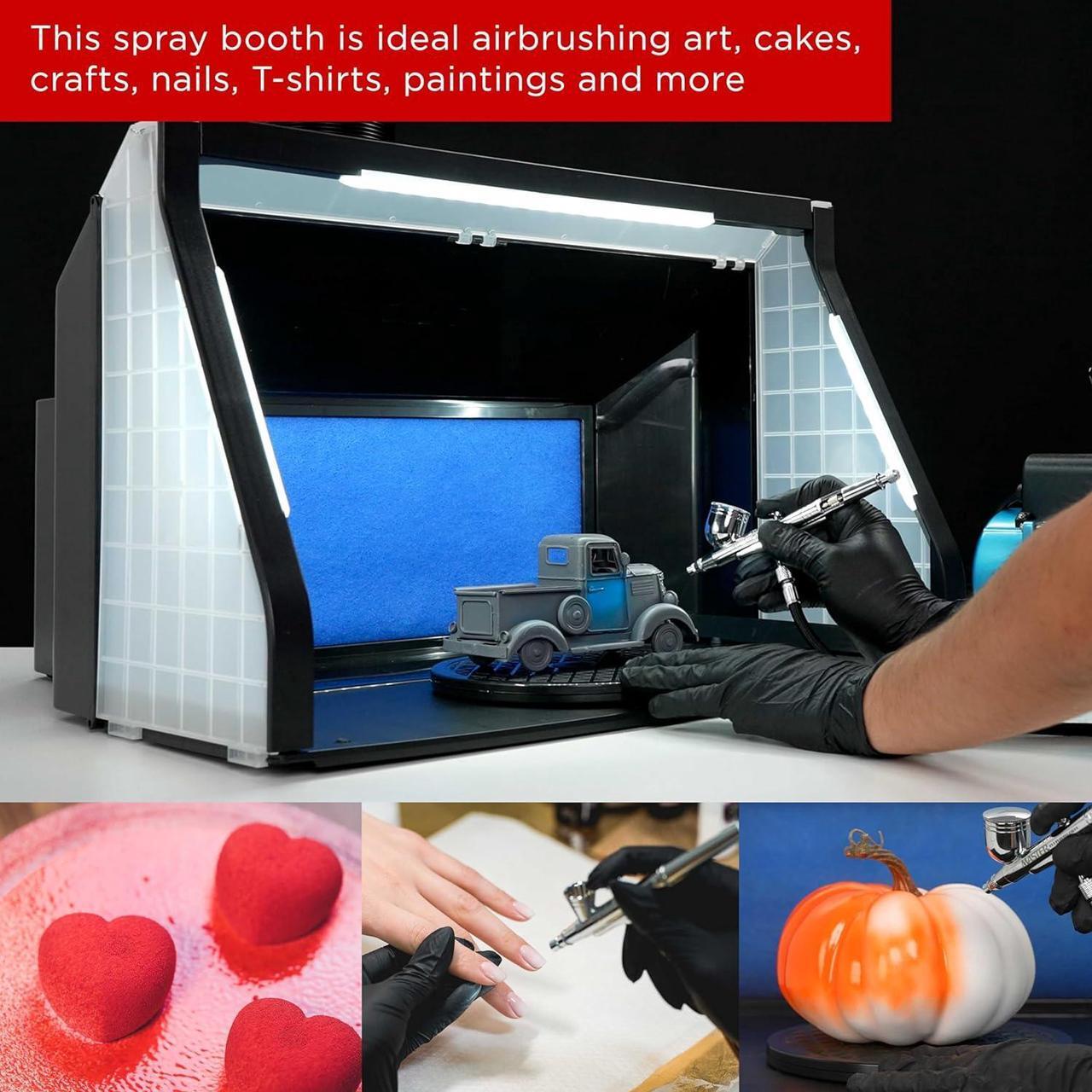 Alt view image 6 of 7 - Master Airbrush Extra Large Dual Fan Portable Airbrush Hobby Spray Booth with LED Lighting - Portable Paint Booth with 6' Exhaust Hose, 22.25"x19"x14", Turntable, 25W Fans Powerful Extraction, Model