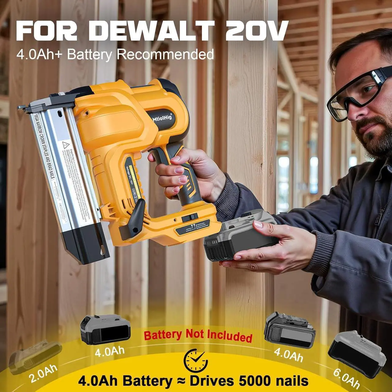 Alt view image 6 of 7 - Brad Nailer for Dewalt 20V Battery (No Battery), 2-in-1 Electric Nail Gun/Staple Gun, 18 Gauge Nail Gun Battery Powered with 1000 Nails for Wood Carpentry, Adjustable Depth, 2 Modes