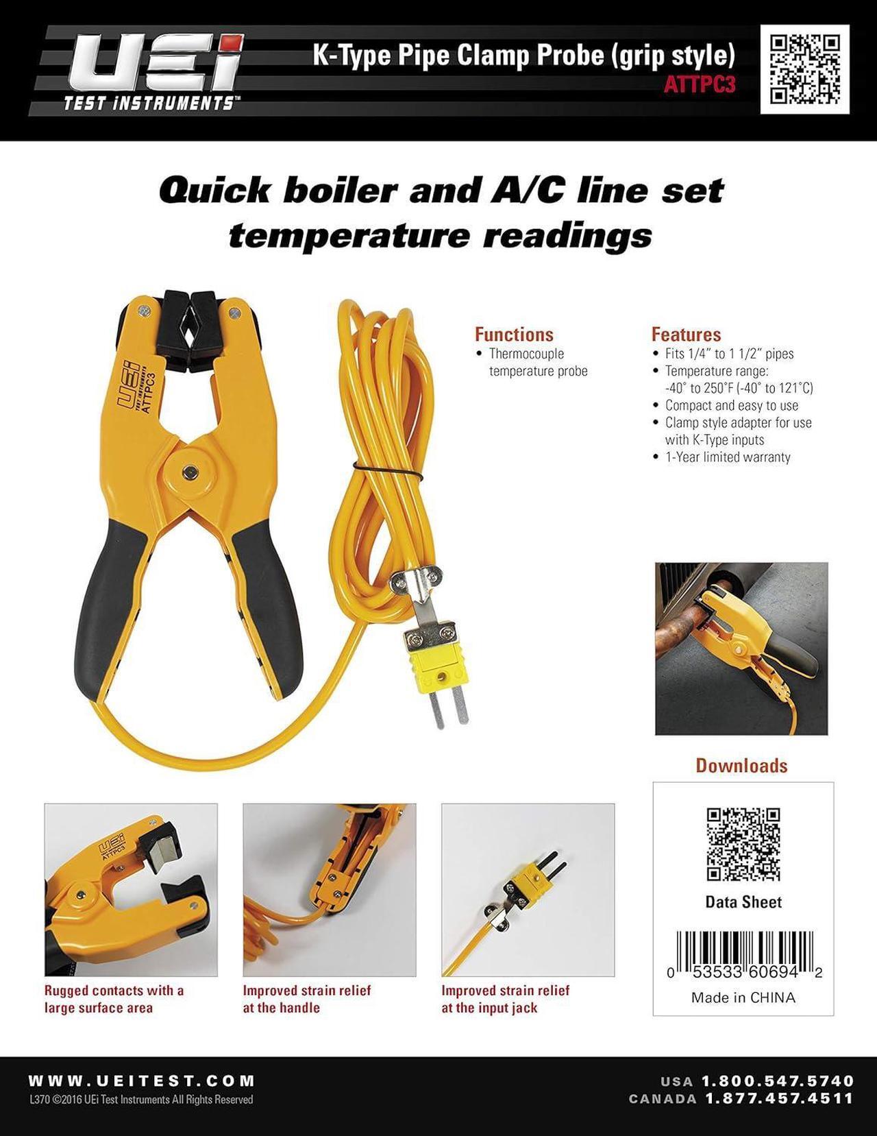 Alt view image 4 of 4 - Test Instruments ATTPC3 Pipe Clamp K-Type Thermocouple adapter, HVAC Temperature Probe for Clamp Meters, Surface Thermometer for Boiler and AC Line Temperature Readings