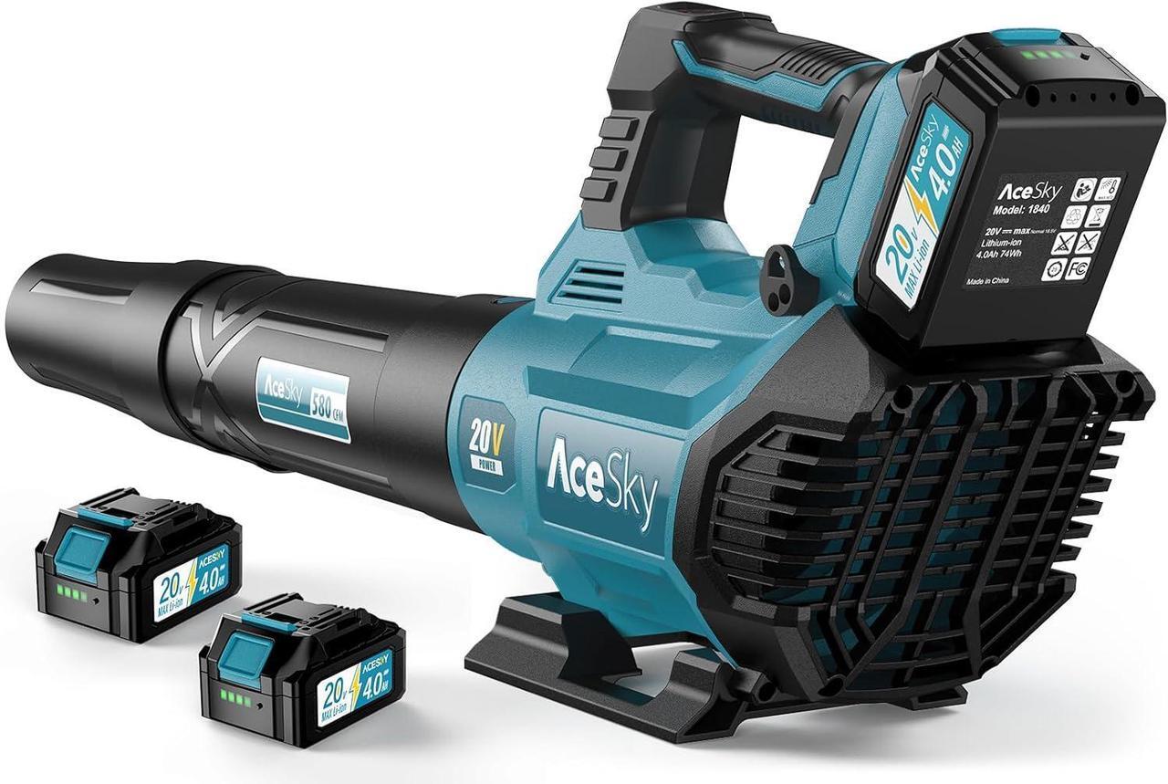 Main image of 580CFM/160MPH & 3 Speed Levels Electric Leaf Blower with 2 x 4.0Ah Battery and Charger, Extension Tube Blower for Lawn Care, Yard, Garage, Blowing Leaves, Dust or Snow, Blue