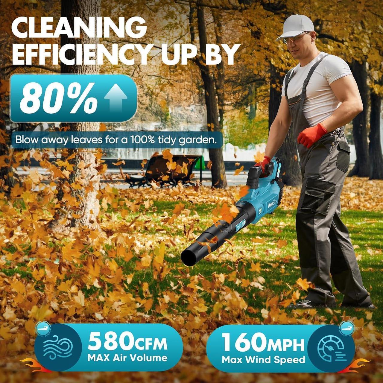 Alt view image 2 of 7 - 580CFM/160MPH & 3 Speed Levels Electric Leaf Blower with 2 x 4.0Ah Battery and Charger, Extension Tube Blower for Lawn Care, Yard, Garage, Blowing Leaves, Dust or Snow, Blue