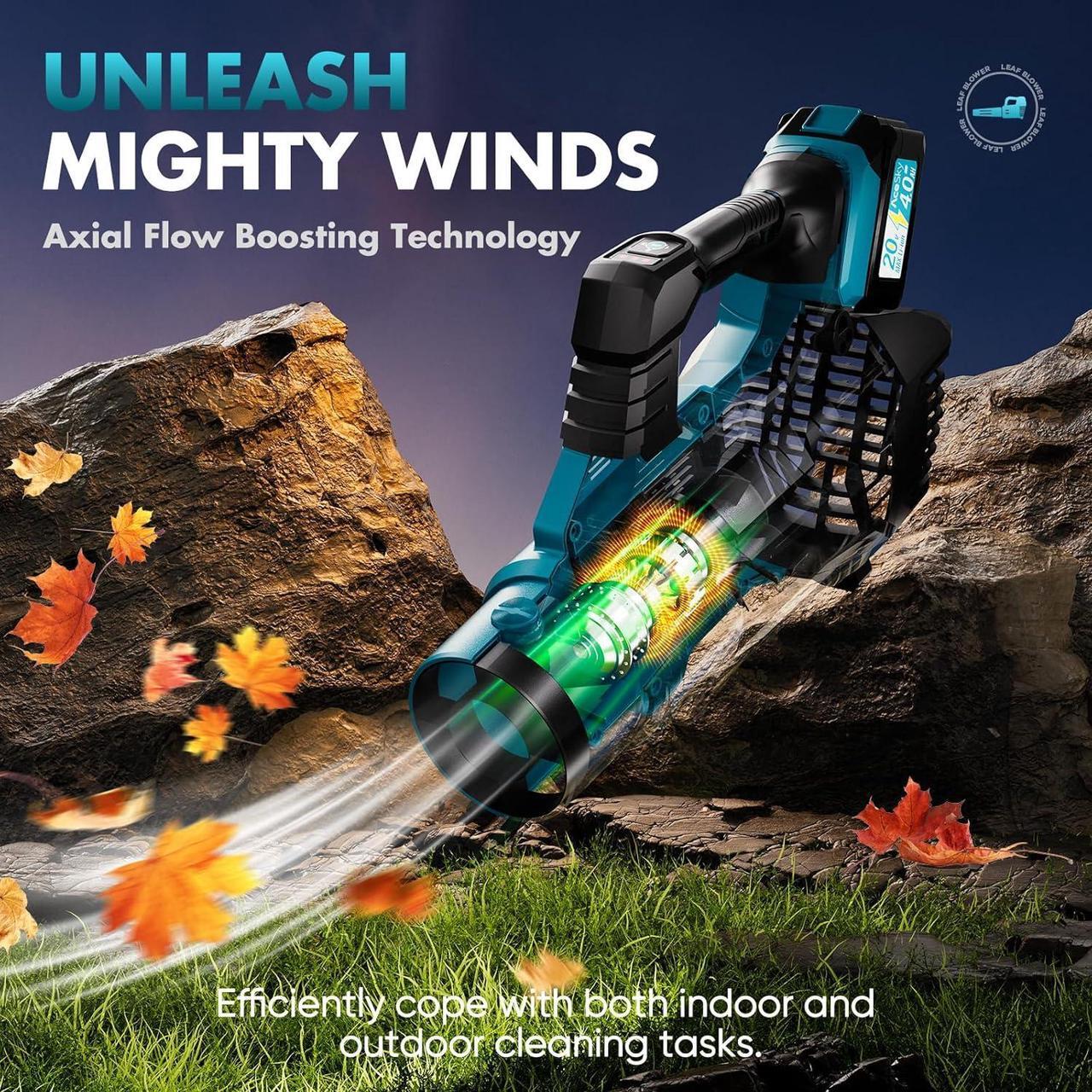 Alt view image 3 of 7 - 580CFM/160MPH & 3 Speed Levels Electric Leaf Blower with 2 x 4.0Ah Battery and Charger, Extension Tube Blower for Lawn Care, Yard, Garage, Blowing Leaves, Dust or Snow, Blue