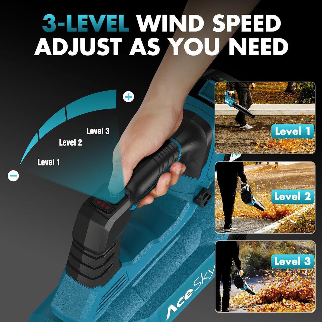 Alt view image 6 of 7 - 580CFM/160MPH & 3 Speed Levels Electric Leaf Blower with 2 x 4.0Ah Battery and Charger, Extension Tube Blower for Lawn Care, Yard, Garage, Blowing Leaves, Dust or Snow, Blue