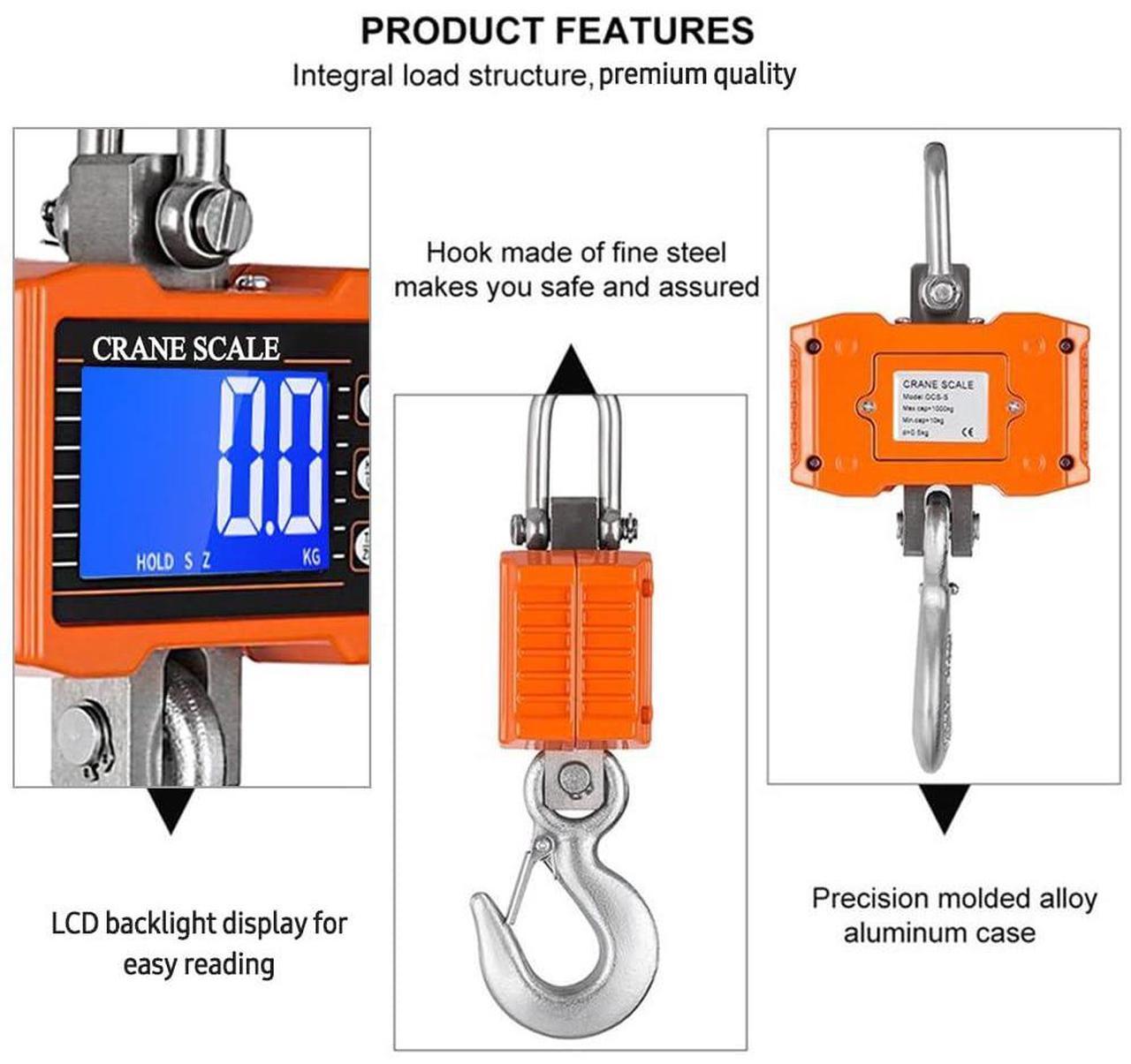 Alt view image 6 of 7 - Digital Crane Scale 1000KG (2204lbs), Industrial Heavy Duty Crane Scale LCD Backlight with Unit Change/Data Hold/Tare/Zero for Construction Site Travel Market Fishing, Orange