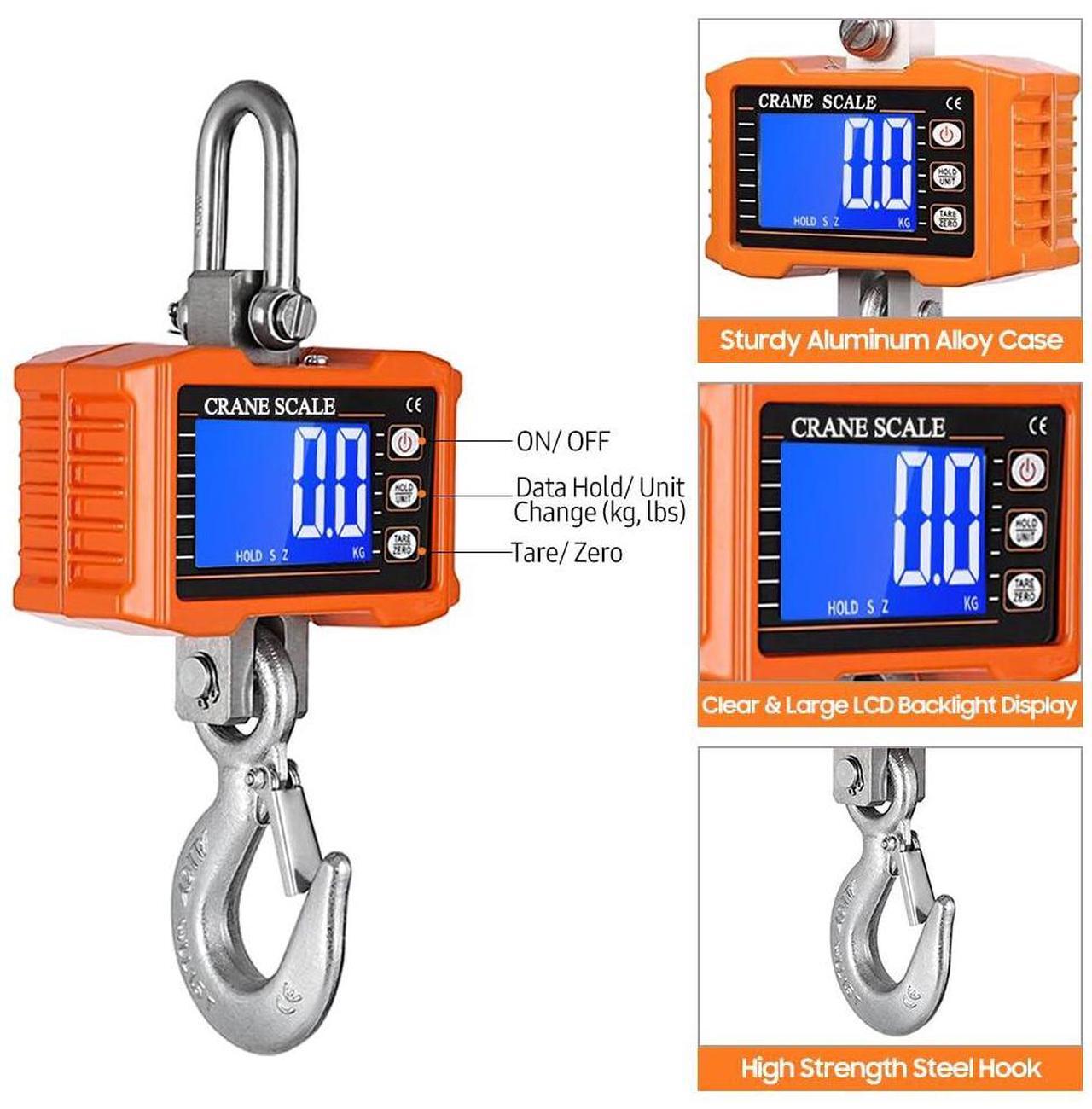 Alt view image 7 of 7 - Digital Crane Scale 1000KG (2204lbs), Industrial Heavy Duty Crane Scale LCD Backlight with Unit Change/Data Hold/Tare/Zero for Construction Site Travel Market Fishing, Orange