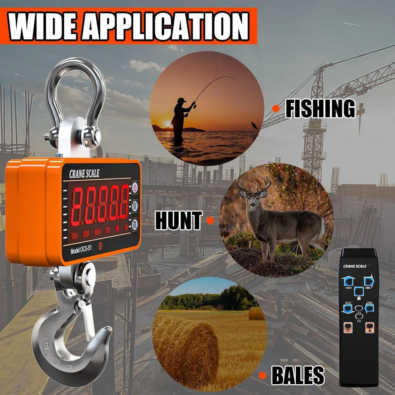 Alt view image 7 of 7 - 1000kg/2000lb Digital Crane Scale Heavy-Duty Industrial Hanging Scale with Remote Control Smart Type LED Display CE Certified Electronic Weighing Crane Scale (Orange)
