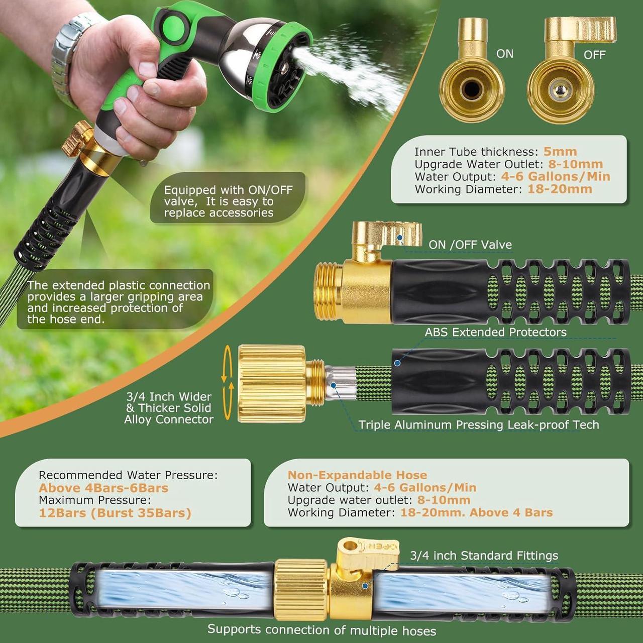 Alt view image 2 of 7 - Non-Expandable Garden Hose 50 ft, Ultra Lightweight Flexible Water Hose with 10-Pattern Nozzle, Kink-Resistant, Leak-Proof, High-Density Fabric, Thickened Connector, Shut-Off Valve & Holder