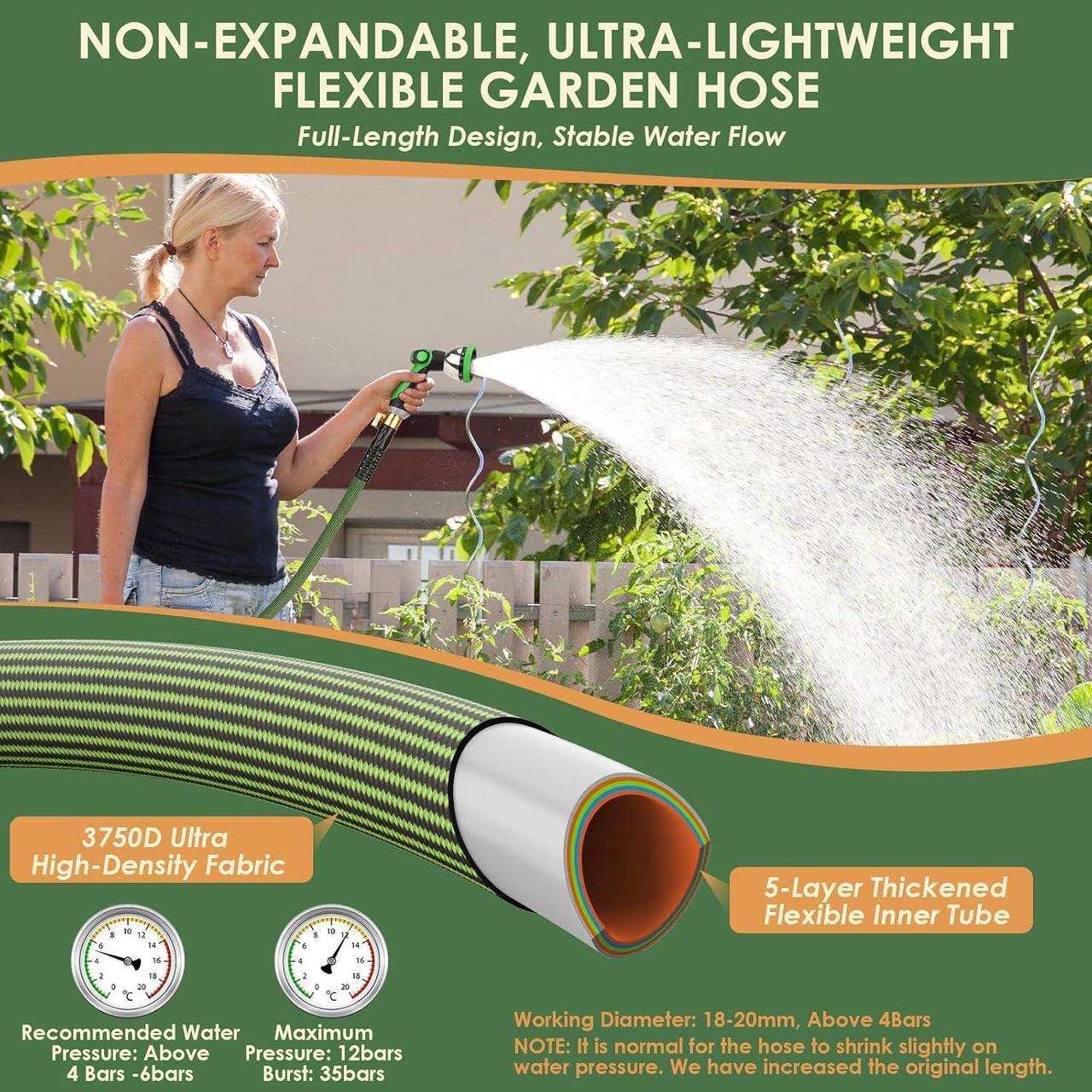 Alt view image 3 of 7 - Non-Expandable Garden Hose 50 ft, Ultra Lightweight Flexible Water Hose with 10-Pattern Nozzle, Kink-Resistant, Leak-Proof, High-Density Fabric, Thickened Connector, Shut-Off Valve & Holder