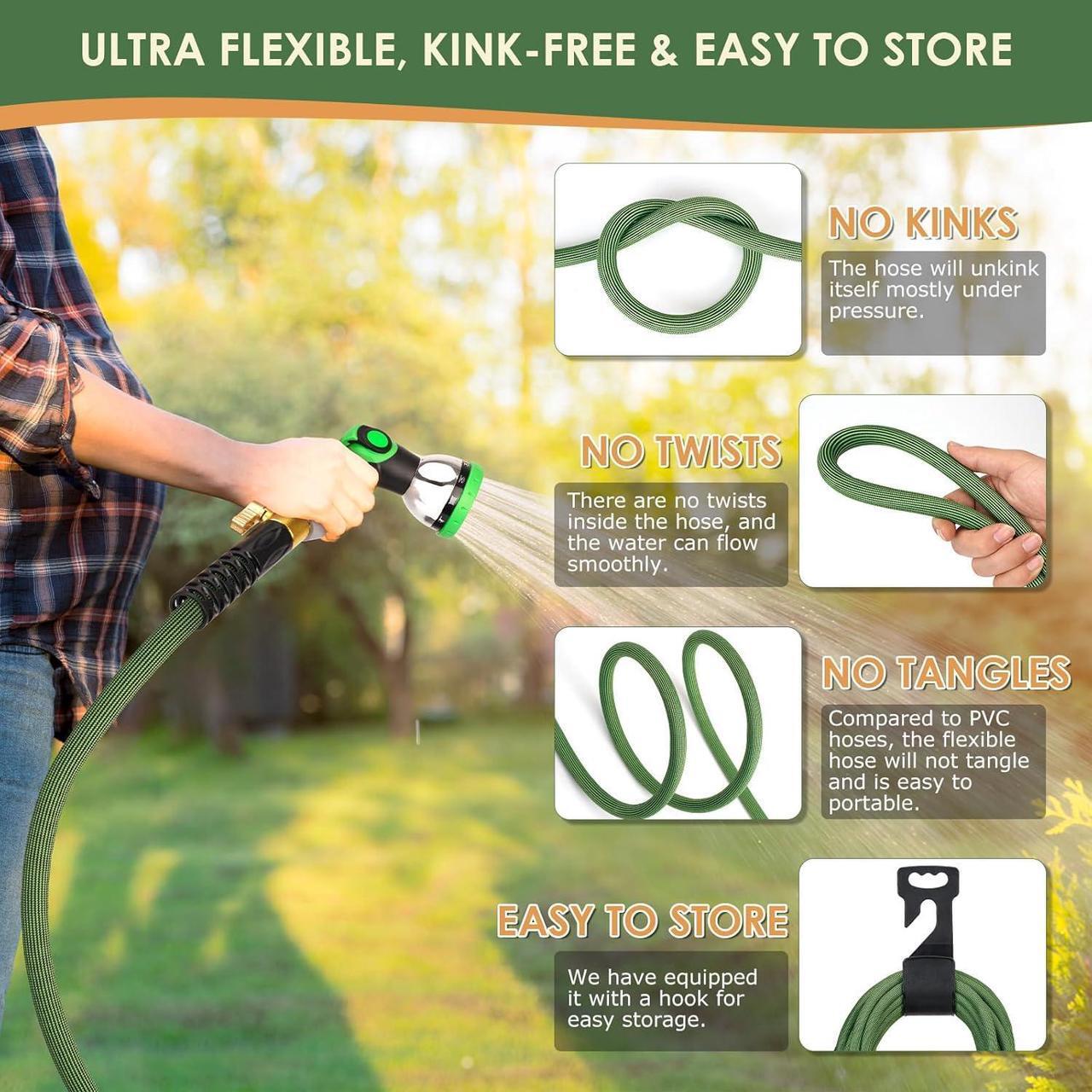 Alt view image 5 of 7 - Non-Expandable Garden Hose 50 ft, Ultra Lightweight Flexible Water Hose with 10-Pattern Nozzle, Kink-Resistant, Leak-Proof, High-Density Fabric, Thickened Connector, Shut-Off Valve & Holder